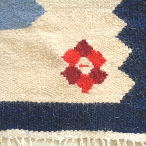 Handmade Wool Rug Flat Weave From Romania Floral Blue, Pink Tulips 26"x50" - Picture 4 of 7